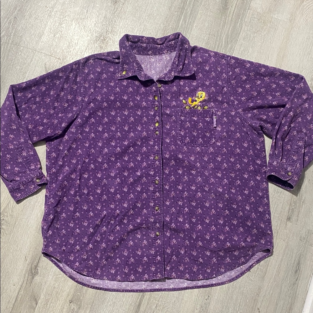 Vintage Looney Tunes Corduroy Floral Printed Tweety Bird Button Up Shirt